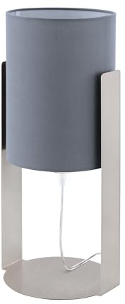 EGLO Tischlampe Siponto, 1 flammige Tischleuchte Modern | Nachttischlampe aus Stahl und Textil, Wohnzimmerlampe in Nickel-Matt, Grau, Lampe mit Schalter, E27 Fassung