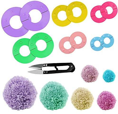Curtzy Kunststoff Pompom Maker Set (6er Pack) mit Schneideschere - 6 Größen 2,5; 3,5; 4,5; 5,5; 7 & 9cm Puschel Basteln - Wiederverwendbare DIY Pom Pom Maker Fluff Ball Wolle Werkzeug