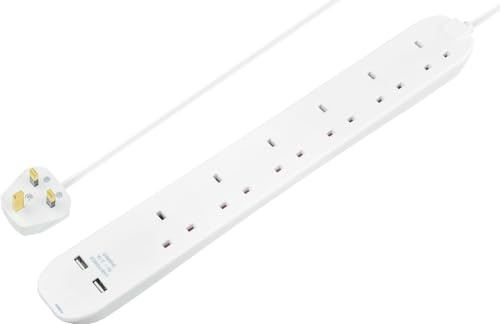 Masterplug 6 Gang Extension Lead with 2 x USB Charging Sockets, 1 Metre, White
