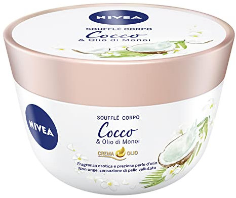 NIVEA Soufflé Corpo Cocco & Olio di Monoi in confezione da 3 x 200 ml, Crema idratante dalla texture leggera, Crema corpo arricchita da un'esotica fragranza al Cocco