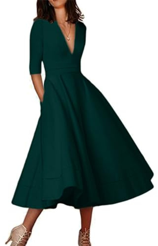 Yming Frauen Fashion Solid Halbärmel V-Ausschnitt Kleid Sommer Plisserte Party Sexy Kleid Grün XL