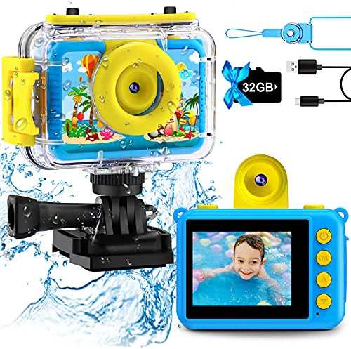 Pool Toy & Kids Underwater Camera 99FT Waterproof Kid Action Camera 1080P Video&20MP Photo with Flip Lens, Includes 32GB Card for Diving Swimming Beach Snorkeling.Birthday Gift for Boys - GKTZ