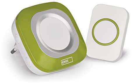 EMOS Funkklingel/Türklingel Set, 36 Melodien, 150m Reichweite, 4 Lautstärken bis 110 dB, weiß-grüne Klingel, Taster Batterie-betrieben, Zusatz-Taste bestellbar, P5733G