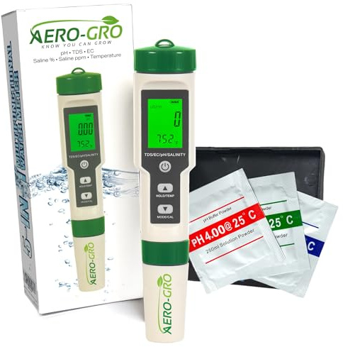Aero-Gro 5-in-1 Digital Water Testing Meter | pH, TDS, EC, Salinity & Temperature Tester | Hydroponics, Aquarium, Pool & Drinking Water Quality Monitor