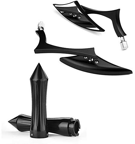 Pair of Custom Blade Side Rearview Mirrors + Black Spike Hand Grip 1 Handlebar with Throttle Kit Touring Street Motorcycle Bike