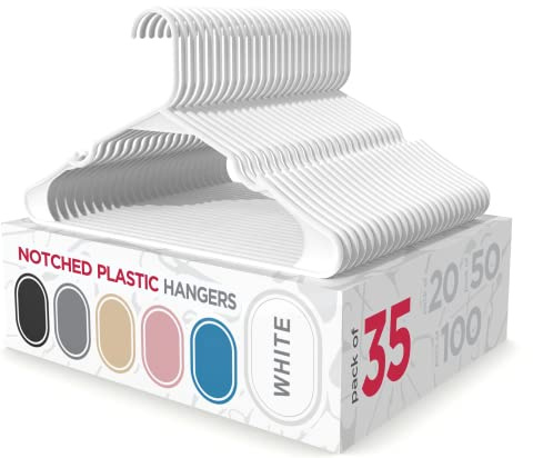 Sharpty Plastic Clothes Hangers – Notched Hangers for Clothes – Space Saving Adult Hangers for Shirts, Dresses, Coats & Pants – Lightweight Closet Organization (35 Pack, White)