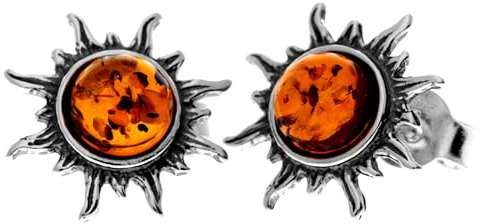 SilverAmber Jewellery Pendientes redondos de ámbar báltico y plata de ley 925 con diseño de estrellas de sol - 8549, Plata de ley, Ámbar, coñac