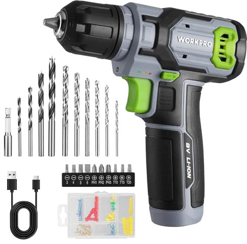 WORKPRO Akkuschrauber 8V, Akku Bohrschrauber kabelloser Schraubendreher mit 3/8(10mm) Spannfutter, 53-teiliges Zubehörset, Einstellbare Geschwindigkeit, LED-Licht, für Heimreparaturen und DIY