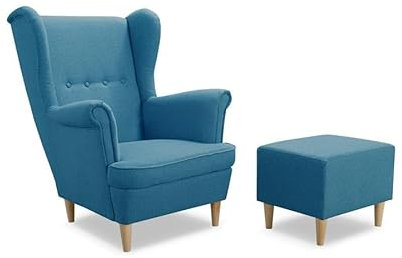 Easy4You Sessel Uszak mit Fußbank Türkis 82x100x86 cm, Relaxsessel, Skandinavischer Sessel, Moderner Polstersessel in Stoff Lux, Wohnzimmermöbel, Füße aus Holz