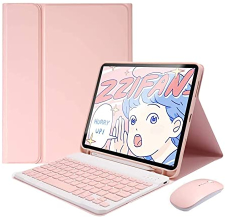 ZKAIAI Teclado con Funda para iPad 9.7 (6ª Gen 2018/5ª Gen 2017), iPad Air 2/1, iPad Pro 9.7, Teclado Desmontable Bluetooth Español Funda con Cubierta Magnética Delgada y Ratón, QWERTY-Layout, Rosa