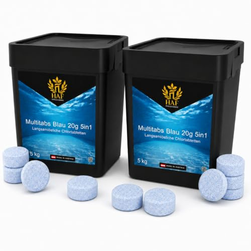 HAF Pool Chlor-Tabletten (2 x 5 kg Eimer) – langsam lösliche Chlortabletten (20g pro Stück) | Chlor Multitabs 5 in 1 für Poolpflege, Desinfektion, Algenvorbeugung & hygienisch klares Poolwasser