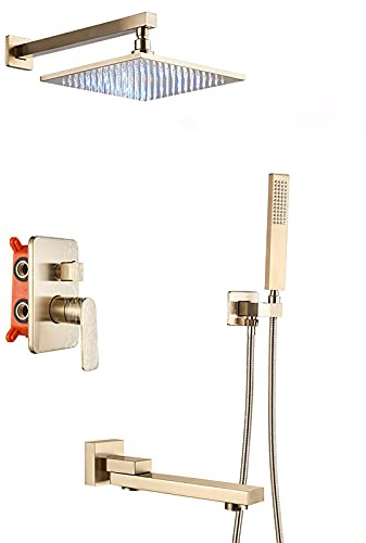 Système De Douche Ensemble De Robinet De Douche De Salle De Bain En Or Brossé Avec Bec De Baignoire, Ensemble Combiné De Douche Mural, Mitigeur En Laiton Avec Pomme De Douche À Led, Douche À Main, 16
