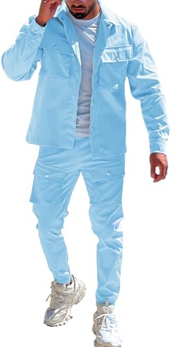 amropi Hombre Chándal Chaqueta de Botones y Pantalones Cargo Jogging Conjunto con Bolsillos