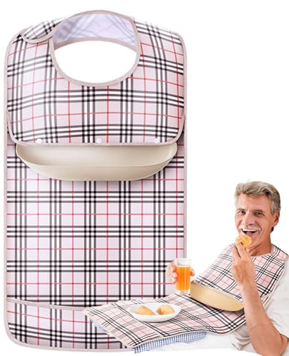 Eiflayn Bavoir Adulte,Bavoir Adulte Impermeable,Avec Bac à Miettes Amovible,Bavoir avec Fermeture Velcro,Bavoirs Extra Longs,pour Personnes Âgées,Patients Alités (Chèque Beige)