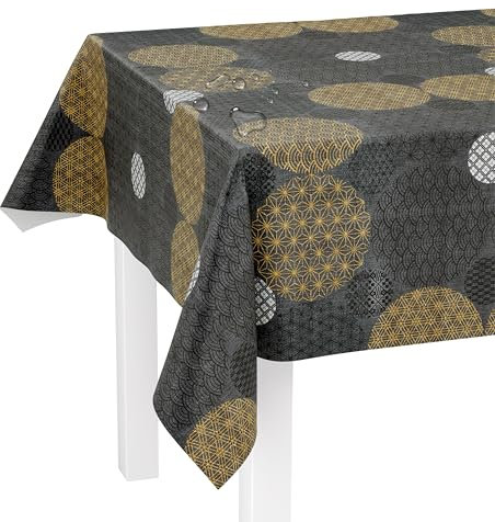 LILENO HOME Tischdecke abwaschbar als Meterware 220x140cm (Schnittkante) in Grafikkreise anthrazit Motiv - Wachstuchtischdecke wasserabweisend ideal als Tischtuch o. Tischläufer für Bierzeltgarnitur