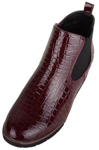 ABSOLUTE FOOTWEAR Womens Faux Patent Leather Wedge Ankle Chelsea Boots with Twin Gusset - Burgundy - UK 4