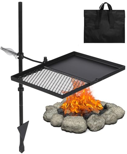 Lineslife Swivel Campfire Grill Grate and Griddle, Adjustable Fire Pit Grill Grate Over Fire Pit, Camp Fire Cooking Grate with Carrying Bag for Outdoor Camping BBQ, Rectangle Black