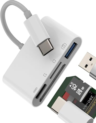 Adapter USB C auf SD Micro SD Kartenleser USB 3.0 (4 in 1) für iPhone 16 15 für iPad MacBook, kompatibel mit Samsung Kamera OTG für externen Speicher, Flash-Speicher, schnelles Aufladen