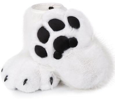 BNLIDES Cosplay djur katt varg hund räv pälsdräkt fötter tass klo skor lurviga stövlar kostym tillbehör för vuxen (ljus-vit)
