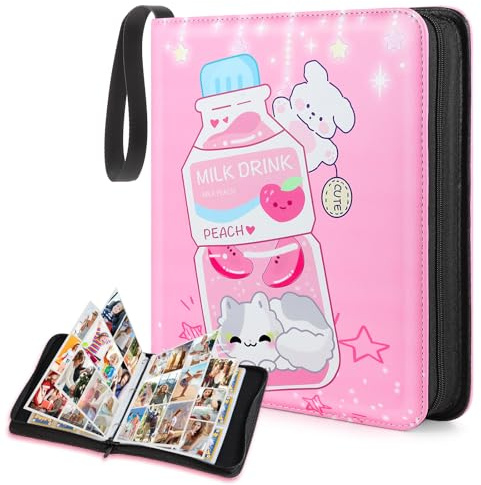 Trading Card Binder,900 Cards Collectible Trading Card Holder Case with 50 Sleeves, 9 Pocket for TCG Game Cards Collection Sports Trading Cards Collector Album (Pink milk bottle, 900 Pockets)