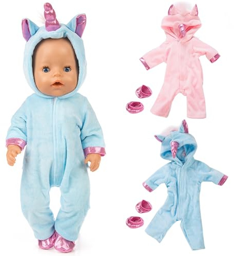 TYXHXTF Puppenkleidung 45 cm für Baby Puppen, Puppe Zubehör mit Baby Langarm Bodys, Hut, Mantel (Rosa + Blau (Einhorn))