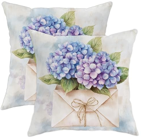 Set di 2 federe per cuscini con ortensie, motivo floreale blu, viola, decorazione primaverile, per divano, camera da letto, 40,6 x 40,6 cm