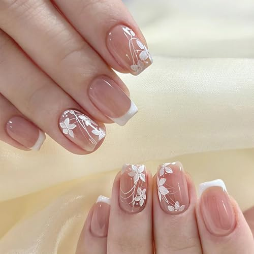 Falsche Nägel Zum Aufkleben Französisch Blumenmuster - 24 Stück Künstliche Nägel Kurz - Glossy Acryl Klebe Fake Nail für Frauen - Soft Gel Press on Nails Quadrat Nail Art Manicure (French Rosa)