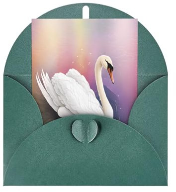 (Weißer Schwan) Druck, Premium-Perlglanz-Grußkarten mit dunkelgrünen Umschlägen, schimmernde Geburtstags-, Weihnachts- und Hochzeitskarten, innen blanko.