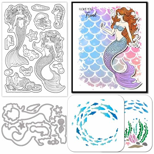 GLOBLELAND Meeres Meerjungfrauen Klare Stamps und Metall Stanzschablone Sommer Muscheln Silikonstempel Stanzschablone PET Malschablonen Für Kartenherstellung DIY Scrapbooking Bastelalben Zubehör