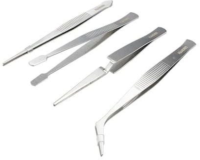 Juego de 4 pinzas de precisión, acero inoxidable, alta resistencia, ideales para trabajos de electrónica, manualidades y modelismo.
