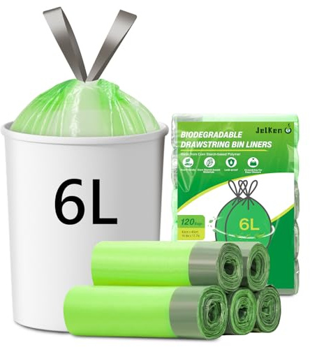 JelKen 120 Biodegradable Bin Liners 6L with Drawstring Tie Handle, Food Waste Bags Strong Trash Bags (43 x 45cm)