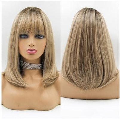 ZYDLMBJL Perücken Echthaar, Blonde Perücken mit Pony, mittlere gerade Bob-Synthetik-Perücken for Frauen, die täglich Aussehen, Cosplay, hitzebeständige Faser-Perücken