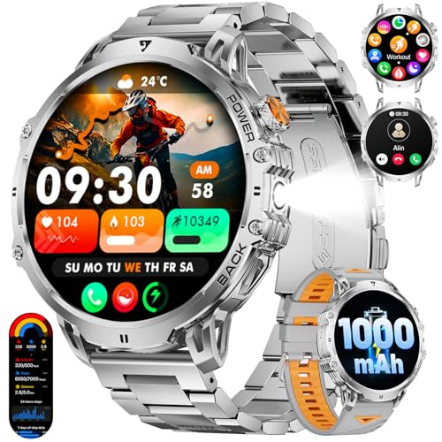 Orologio Smartwatch Uomo con Batteria da 1000 mAh, 1,85'' Ampio Schermo Smart Watch Militare con Torcia LED, Chiamate per Android iOS, Impermeabile IP68, 120 Modalità Sportive Fitness Tracker, Argent