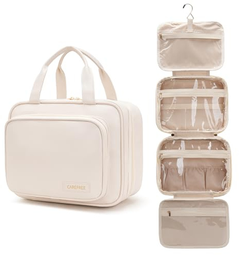 YINGLANG Hanging Toiletry Bag,Travel Large Capacity Makeup Bag Organizer for Women,PU Leather Toiletry Bag for Men with Clear Window,Travel Size Accessories (Beige)