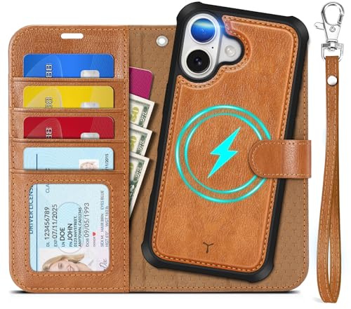 TUCCH Fodral för iPhone 17 2025, [avtagbar] 2-i-1, strukturerad ljusbrun | Avtagbart, magnetiskt flipfodral, trådlös laddning, rem, stativ, RFID-skydd, 4 kortfack, PU-läder