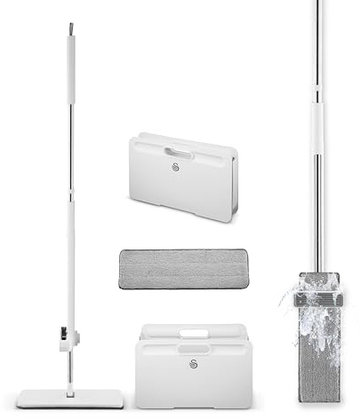 Swan Elevate - Juego de fregona Plana y Cubo Plegable con Sistema de escurrido Integrado, 2 ajustes, Almohadilla de Microfibra estriada, Color Blanco