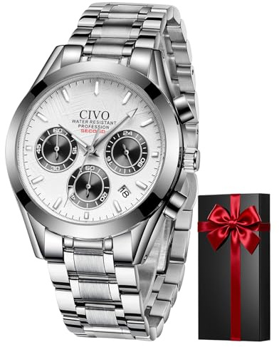 CIVO Reloj Hombre Cronógrafo Impermeable: Elegante Analogico Cuarzo con Fecha Luminosa - Regalo Relojes de Pulsera Acero Inoxidable Plata