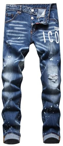 Jean déchiré Y2K pour homme - Coupe ajustée - Pantalon stretch avec fissures et design taches d'encre - Pantalon déchiré - Style hip hop cowboy - Coupe droite - Tendance et polyvalent, O bleu., 34