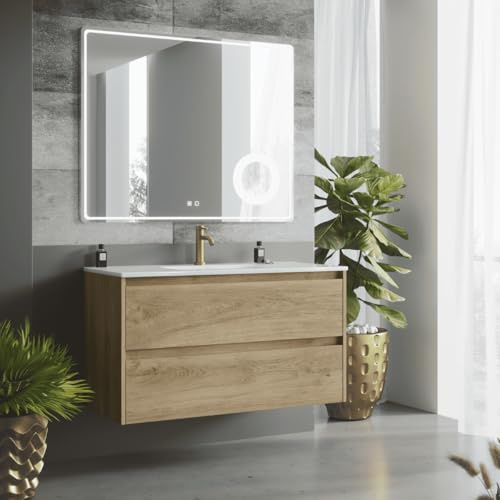 Mueble de Baño Suspendido con Lavabo Cerámico| 2 Cajones | 80 cm Roble Natural