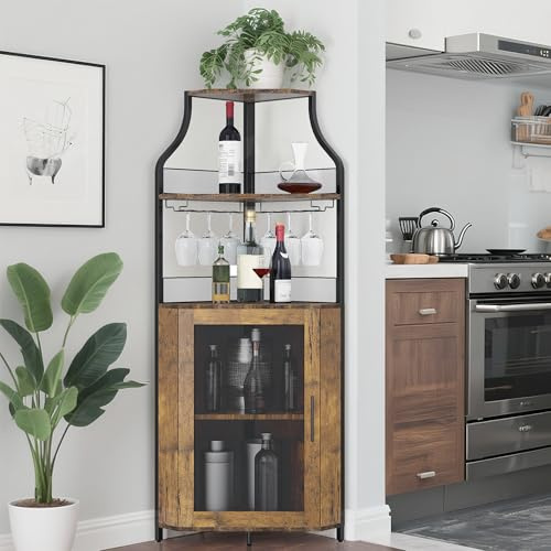 Eck-Weinregal, 5 Etagen Weinregal Freistehender mit Glashalter and Weinaufbewahrung, industrielles Weinbar Schrank mit Türen aus Metallgitter, 50 Flaschen Wein Bäckerregal für Bar, Küche 47x34x154cm-K