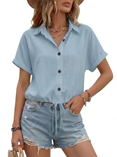 Enmain Camisa Lino Mujer Azul Claro Manga Corta Verano Camisas Blusa Verano Corta de Botones Algodon Cuello en V con Cordón Anti-Arrugas Casual Shirt Mujer para Playa Vacaciones L