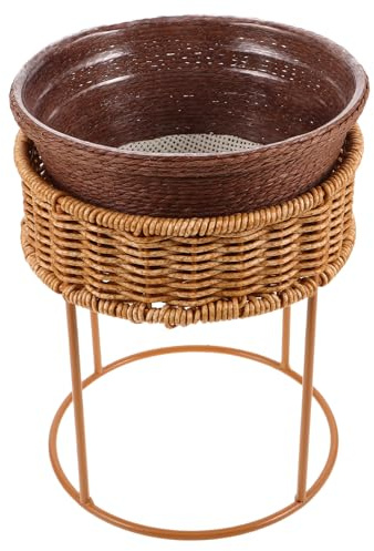 IWOWHERO Kleiner Rattan Pflanzenständer mit Blumentopf Kompakter Tisch Sukkulentenständer Boho Blumenregal für Wohnzimmer Balkon und Fensterbank Pflegeleichter Rattan Korb Zur Dekorativen