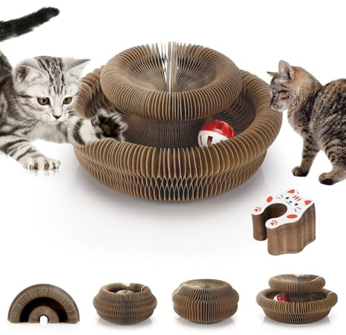 Exsink Magic Organ Cat Scratching Board, 2 In 1 Tiragraffi per Gatti in Cartone Ondulato Pieghevole, Giochi Interattivi per Gatti con Palla Giocattolo Campanella