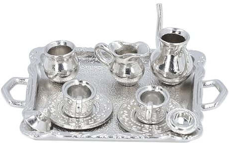 Glomora Juego de té en Miniatura, Juego de té de casa de muñecas de aleación Realista, Tetera en Miniatura Interactiva, Plato de Taza, Accesorios educativos de Cocina para casa de