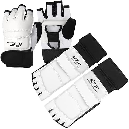 LangRay Taekwondo Karate Gloves & Sparring Gear Foot Protector Set, Boxing Sparring Foot Guard and Half-Finger Gloves for Martial Arts TKD Kung Fu Punch Bag Kickboxing MMA Training (White, XL)