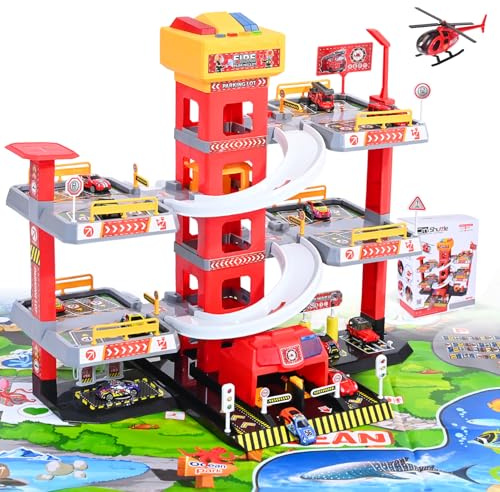 Kit de jeu de parking à 5 étages pour enfants de 3 ans avec ascenseur de stationnement inclus, grand parking jouet avec 12 voitures et 1 avion, comme cadeau pour les enfants à partir de trois ans