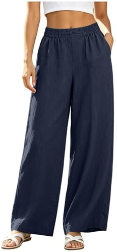Pantalones De Lino Mujer,Pantalones De Pierna Ancha para Mujer Algodón Y Lino Cintura Alta Recto Verano Cómodo Pantalón Largos con Bolsillos Casual Pantalón Fluidos Suelto Liso Calzones Palazzo