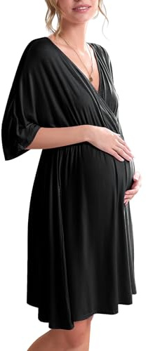 Ekouaer 3 in 1 Labor/Delivery/Hospital Gown Maternity Dress Nursing Nightgown Sleepwear for Breastfeeding, Black, Medium