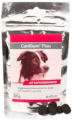 Alfavet CaniGum Fluu für Hunde, unterstützt körpereigene Abwehr, Kapuzinerkresse, Vitamin C, Zink und B-Vitamine, Ergänzungsfuttermittel, 80g Beutel (ca 40 Kaudrops)