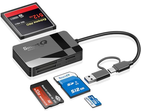 SDCard Reader, Multi-Format Memory Card Reader 4-in-1 usb C USB 3.0 Dual Connector Adapter Supports SD, MS, CF, TF, and Micro SD Cards. Compatible with Desktops, Tablets, and Smartphones